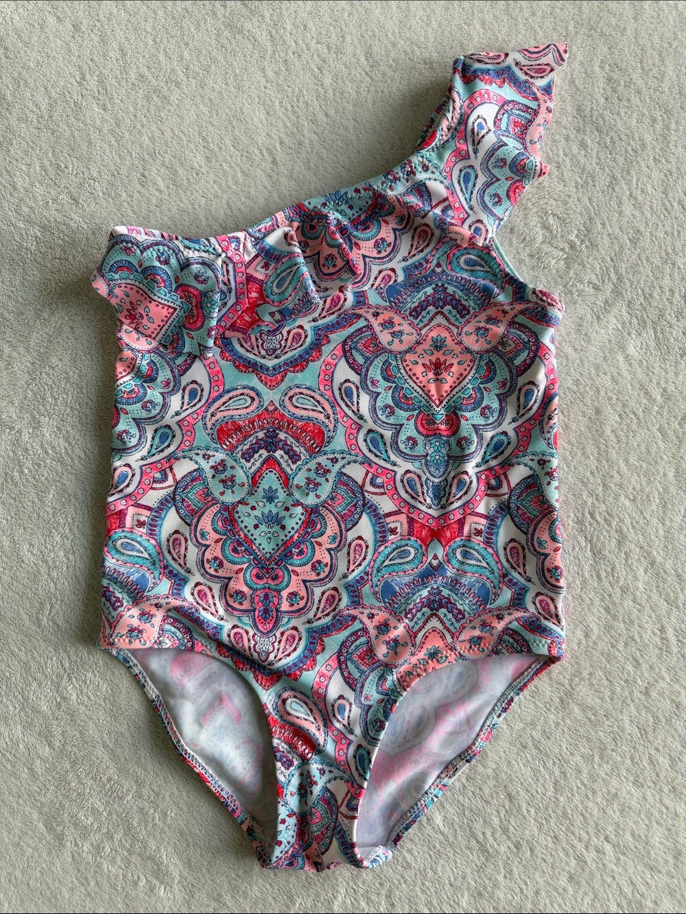 ZARA GIRLS ONE SHOULDER PAISLEY PRINT PINK AQUA BATHING SUIT SIZE 7/8 LIKE NEW